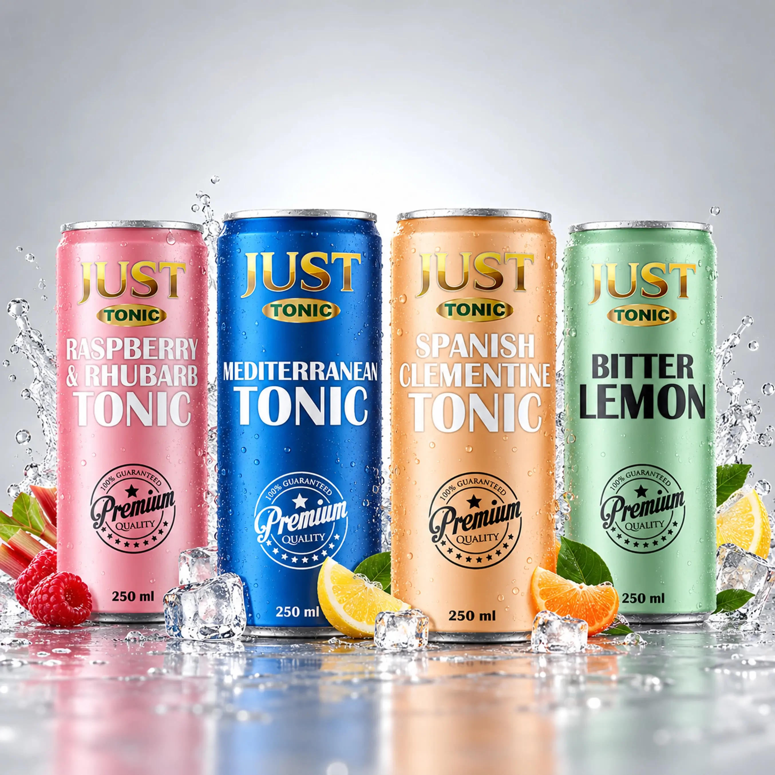 JUST Tonic 250 ml cans featuring Mediterranean Tonic, Spanish Clementine, Raspberry and Rhubarb, and Bitter Lemon flavours with ice and fresh fruit.